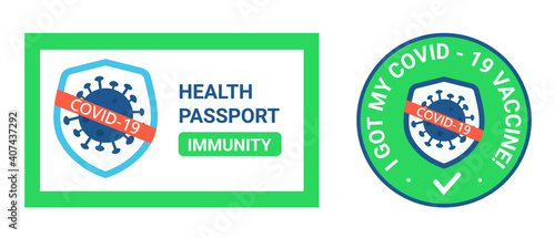 A medical immune PASSPORT that said he was vaccinated with covid-19. The sticker is round for printing. Mass vaccination avoid coronavirus