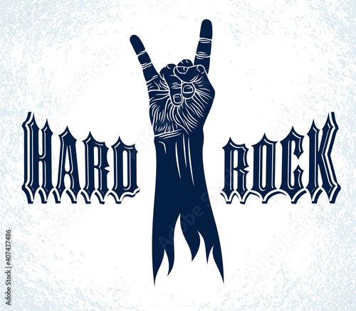 Photo Rock hand sign, hot music Rock and Roll gesture, Hard Rock festival concert or club, vector label emblem or logo, musical instruments shop or recording studio