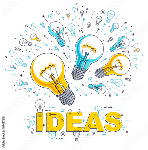 Shining light bulb and set of lightbulb icons, ideas creative concept, brainstorm allegory, vector illustration.