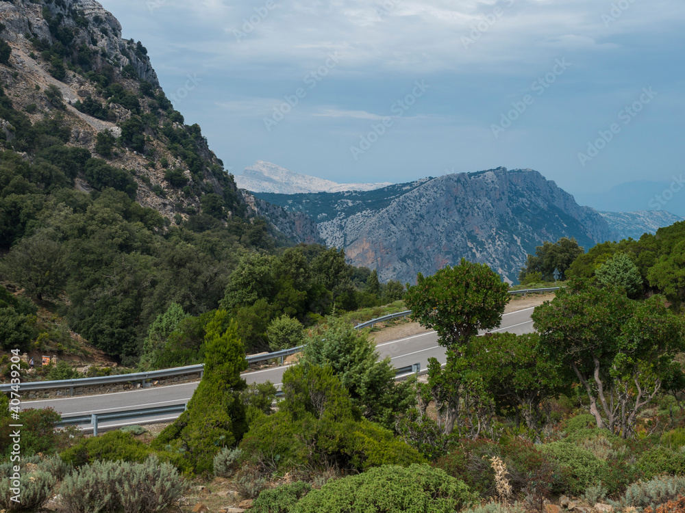 winding asphalt road at Genna Silana pass. Landscape of Supramonte Mountains with white limestone rocks, green hills, trees and mediterranean forest vegetation. Sardinia, Italy. Summer cloudy sky.
