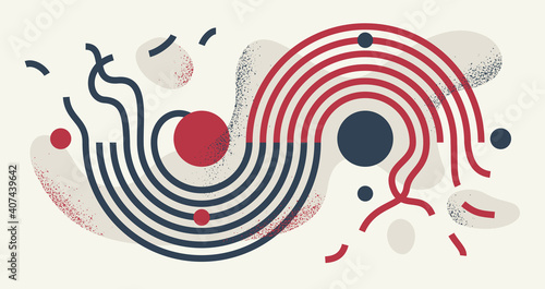 Geometric artistic vector background with lines and circles, abstract modern art composition, rhythmic and motional design decoration in red and black colors.