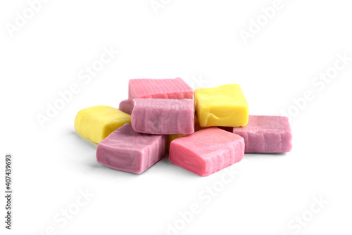 Obraz na plátně Colorful fruit chewing candies isolated on white background.