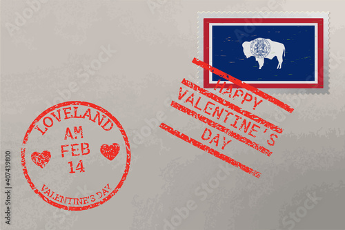 Postage stamp envelope with Wyoming US flag and Valentine s Day stamps, vector