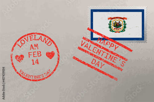 Postage stamp envelope with West Virginia US flag and Valentine s Day stamps, vector