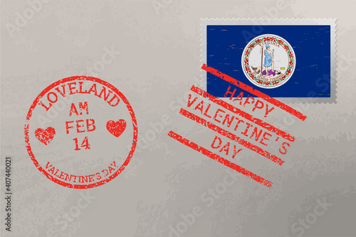 Postage stamp envelope with Virginia US flag and Valentine s Day stamps, vector