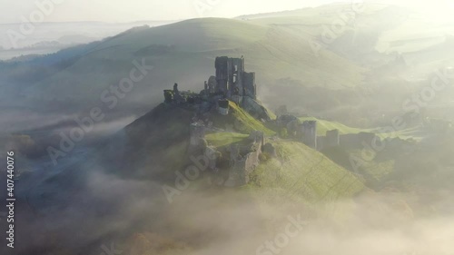 Aerial footage of Corfe Castle, Corfe, Isle of Purbeck, Dorset, England
