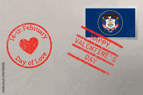 Postage stamp envelope with Utah US flag and Valentine s Day stamps, vector