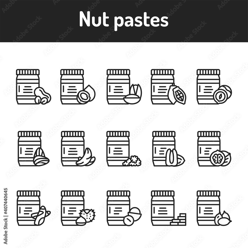 Nuts and seeds black line icons set. Isolated vector element. Outline pictograms for web page, mobile app, promo.