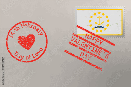 Postage stamp envelope with Rhode Island US flag and Valentine s Day stamps, vector