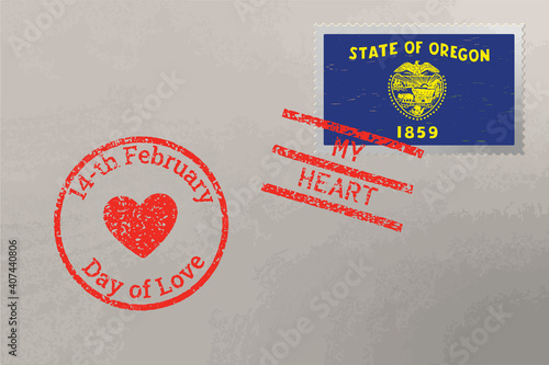 Postage stamp envelope with Oregon US flag and Valentine s Day stamps, vector