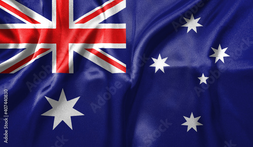Australia flag wave close up. Full page Australia flying flag. Highly detailed realistic 3D rendering © WH Graphic Design
