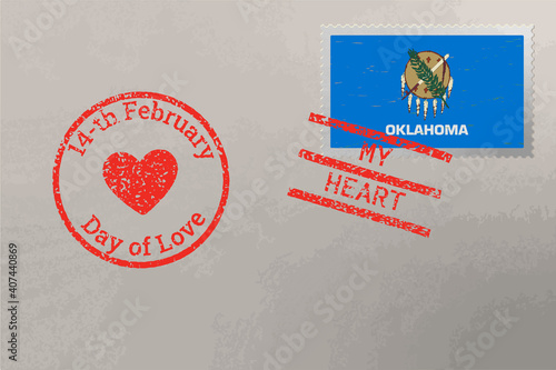 Postage stamp envelope with Oklahoma US flag and Valentine s Day stamps, vector