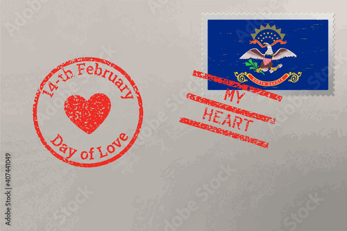 Postage stamp envelope with North Dakota US flag and Valentine s Day stamps, vector