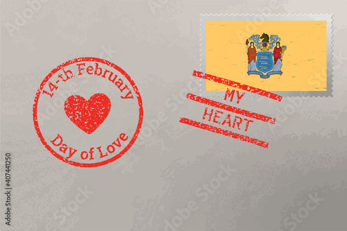Postage stamp envelope with New Jersey US flag and Valentine s Day stamps, vector