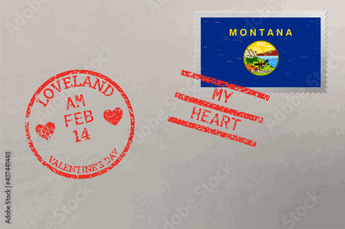 Postage stamp envelope with Montana US flag and Valentine s Day stamps, vector