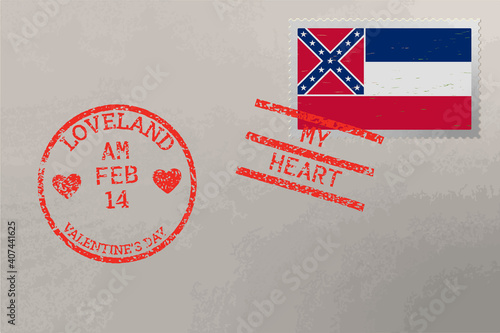 Postage stamp envelope with Mississippi US flag and Valentine s Day stamps, vector