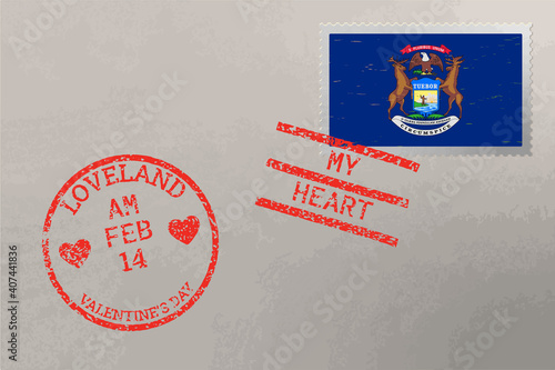 Postage stamp envelope with Michigan US flag and Valentine s Day stamps, vector