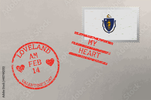 Postage stamp envelope with Massachusetts US flag and Valentine s Day stamps, vector