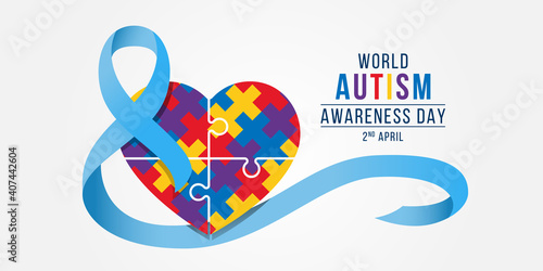 Wolrd Autism Awareness Day banner - blue ribbon roll around colorflu puzzle heart piece sign vector design photo