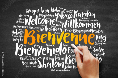 Bienvenue (Welcome in French) word cloud in different languages, conceptual background