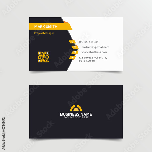 Black and White Business Card Template, Professional Visiting Card Design with yellow shapes