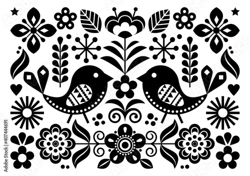 Scandinavian folk art vector cute floral pattern, greeting card or invitation A7 format black and white design with birds, flowers inspired by traditional embroidery from Sweden, Norway and Denmark
