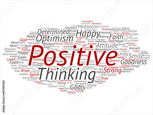 Vector concept, conceptual positive thinking, happy strong attitude abstract word cloud isolated on background. Collage of optimism smile, faith, courageous goals, goodness, happiness inspiration text