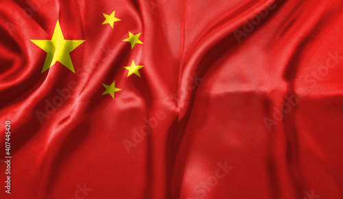 China flag wave close up. Full page China flying flag. Highly detailed realistic 3D rendering