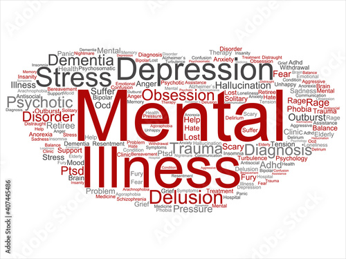 Vector concept conceptual mental illness disorder problem management or therapy abstract word cloud isolated background. Collage of health, trauma, psychology, help, treatment or rehabilitation text