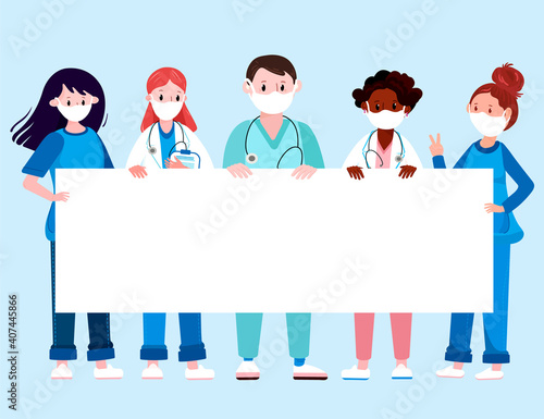 Doctor in mask hold on Blank Banner.Black amd White medical professionals in uniform stay with board. Team of practitioners during corona. Healthcare concept Paramedic, Nurse, Surgeon with Blank.