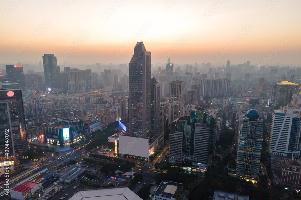 Aerial photography of Guangzhou city buildings skyline and dusk