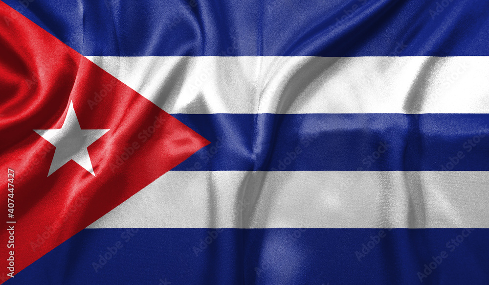 Naklejka premium Cuba flag wave close up. Full page Cuba flying flag. Highly detailed realistic 3D rendering