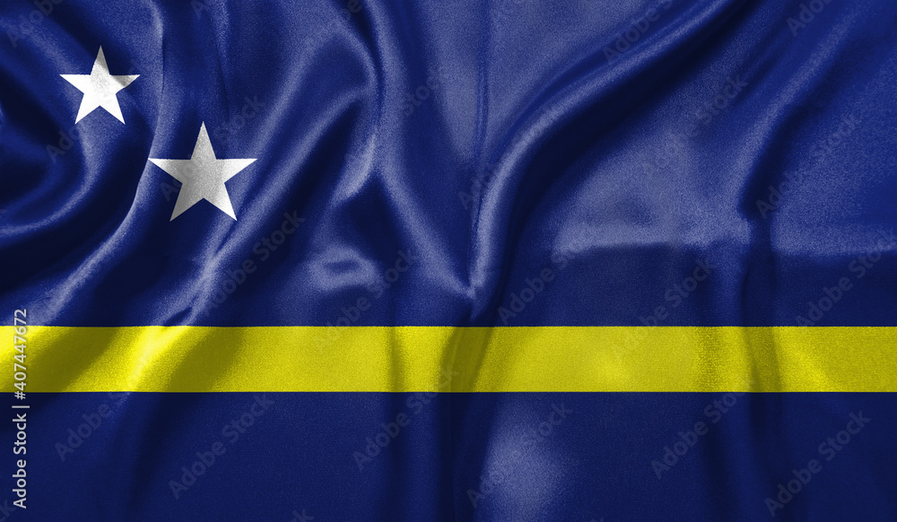 Curacao flag wave close up. Full page Curacao flying flag. Highly detailed realistic 3D rendering Curacao flag wave close up. Full page Curacao flying flag. Highly detailed realistic 3D rendering