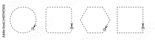 Cut coupon and sticker sign. Scissors cut paper in different shapes. Simple flat design. Vector illustration.