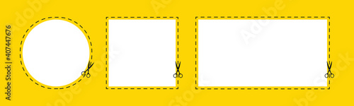 Cut coupon and sticker sign. Scissors cut paper in different shapes. Simple flat design. Vector illustration.