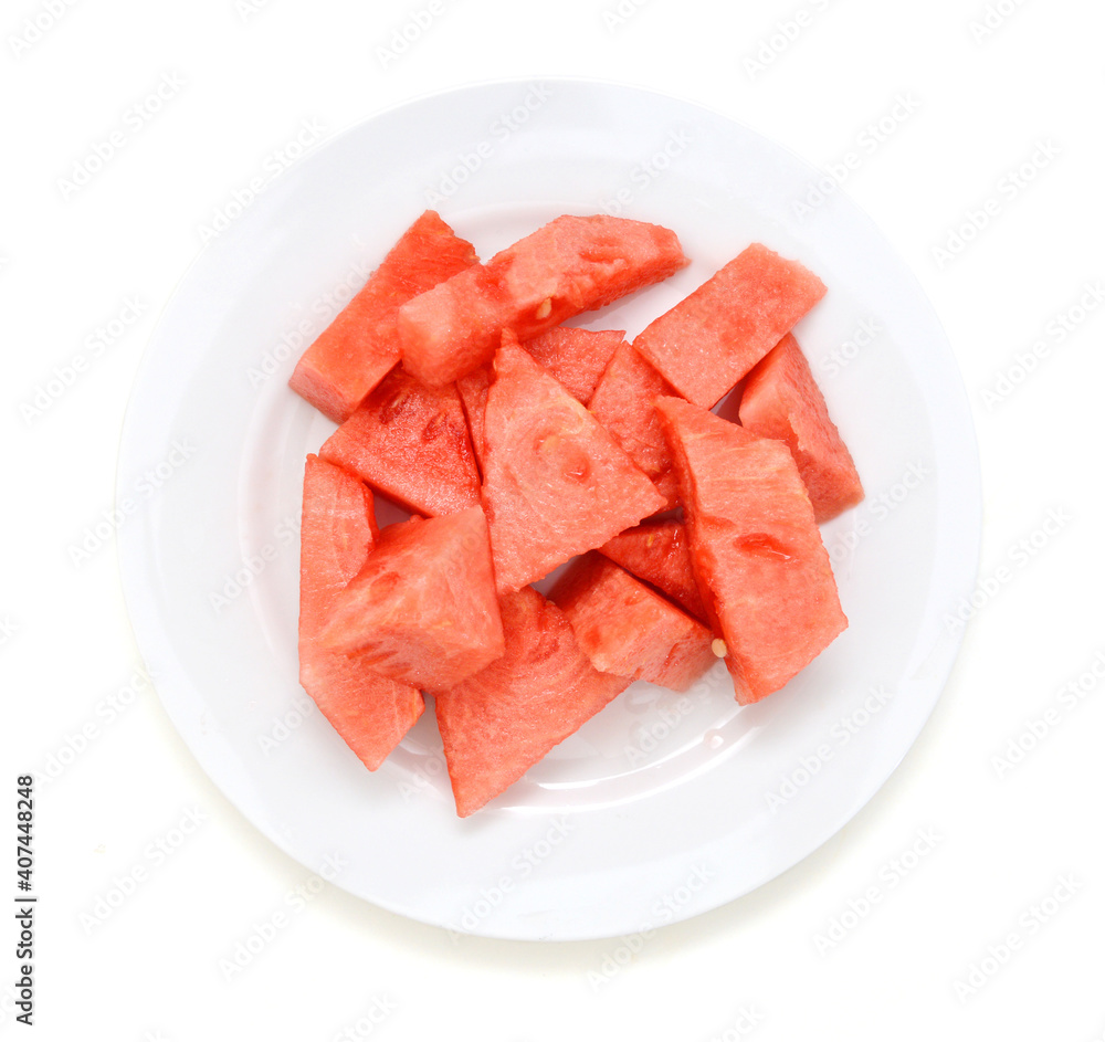 watermelon slices isolated in plate on white background watermelon slices isolated in plate on white background