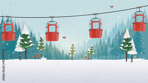Fabulous snowy forest. Cable car with trailers in the winter forest. Cartoon style. Vector illustration.