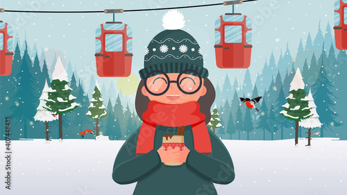 A girl in green clothes is holding a hot drink. Cable car with trailers in the winter forest. Funicular carriage. The forest is with deer and snow. Cartoon style. Vector illustration.
