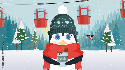 A little cute penguin in a winter hat and a scarf holds a hot drink in his hands. Cable car with trailers in the winter forest. Funicular carriage. Vector illustration.