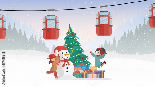 Children make a snowman. Cable car with trailers in the winter forest. Funicular carriage. The forest is with deer and snow. Cartoon style. Vector illustration.