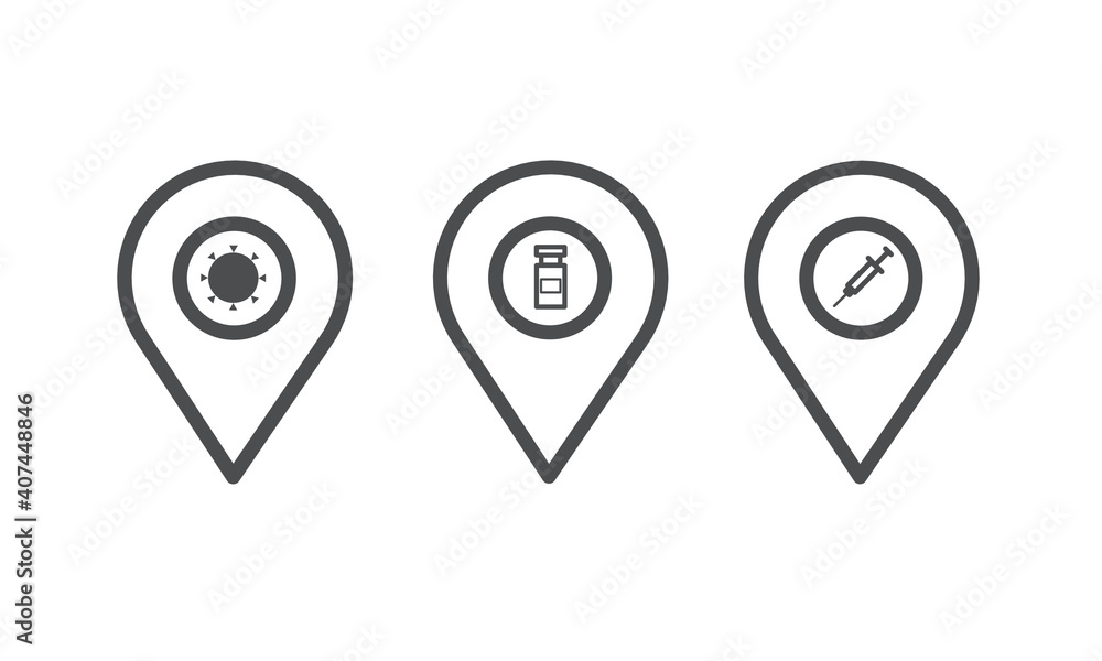 set of map pointer icons about covid-19 virus vaccines. vector illustration on white background set of map pointer icons about covid-19 virus vaccines. vector illustration on white background
