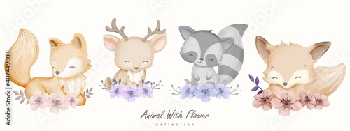Cute Animal Fox Raccoon Deer With Flower Collection