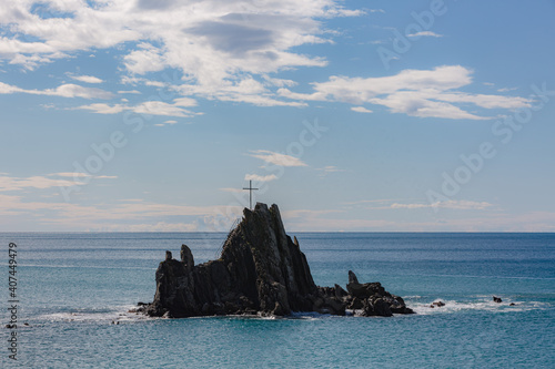 View of Asseu rock in Riva Trigoso. Winter sea on ligurian coast. photo