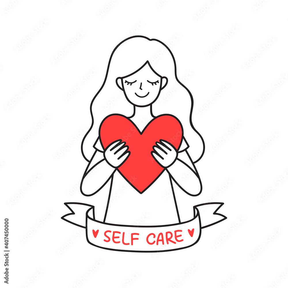 Vector outline illustration with young woman holding a big heart in hands. Line art with self-care or psychology health concept. Isolated design for social media, web banner, or sticker. Vector outline illustration with young woman holding a big heart in hands. Line art with self-care or psychology health concept. Isolated design for social media, web banner, or sticker.