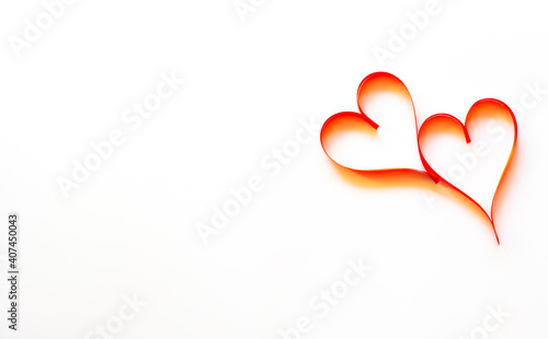 Two hearts on a white background.For Valentine's Day.Concept of love, wedding, tenderness. Copy space, place for your text.