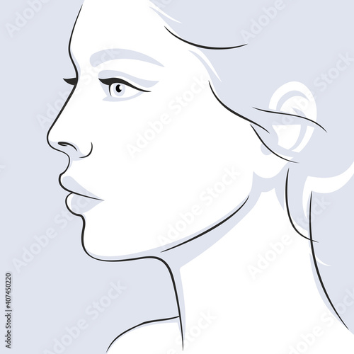 Hand drawn graphic profile woman portrait, beauty female face in minimal line style drawing vector illustration