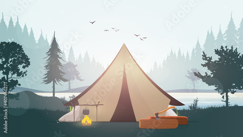 Landscape with a lake, forest, fire, pine tree and tent. Flat vector illustration of tourism and recreation in the wild.
