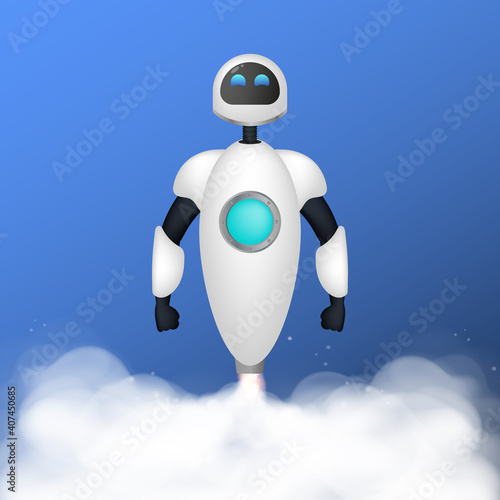 The white robot takes off. Smoke traces. Realistic style. Vector