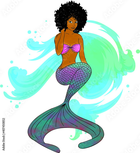 watercolor illustration of afro mermaid