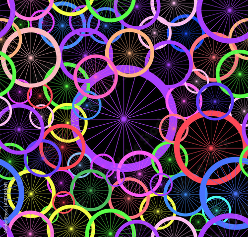 Sport vector seamless pattern with multicolored bicycle wheels